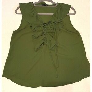 E&M Women Olive Green Ruffle Bow Tie Front Sleeveless Blouse Top Size L